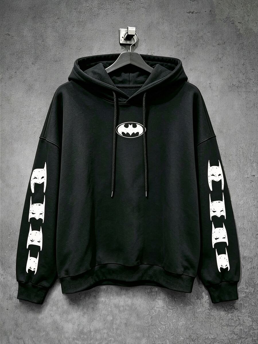 BATMAN X SHEIN Manfinity EMRG Men's Bat Print Long Sleeve Casual Hoodie Sweatshirt - Black - View 1