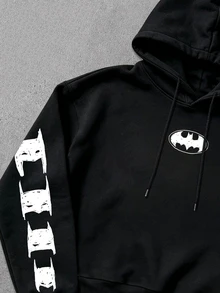 BATMAN X SHEIN Manfinity EMRG Men's Bat Print Long Sleeve Casual Hoodie Sweatshirt - Black - View 5