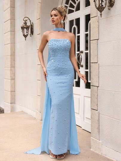 Poshira Elegant Strapless Pearl Design Straight Hem Formal Evening Gown, Suitable For Birthday Party, Wedding Guest, Party Dress, School Opening Party, Graduation Ceremony, Music Festival, Cocktail Party, Party Dress
