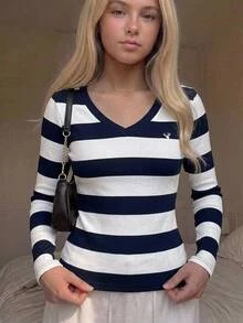 SHEIN Top de manga larga cómodo para niña preadolescente, a rayas con bordado, estilo sencillo y de moda, para volver a la escuela, otoño/invierno - Multicolor - Ver 4