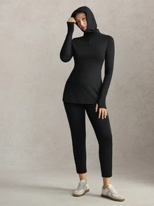 Activina Women's Modest Sporty Stand Collar Hooded Slim Fit Autumn Middle Eastern Style Sports Dress + Fitted Cropped Pants Set Workout Gym Black - Black - View 3