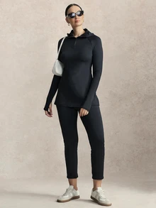 Activina Women's Modest Sporty Stand Collar Hooded Slim Fit Autumn Middle Eastern Style Sports Dress + Fitted Cropped Pants Set Workout Gym Black - Black - View 1