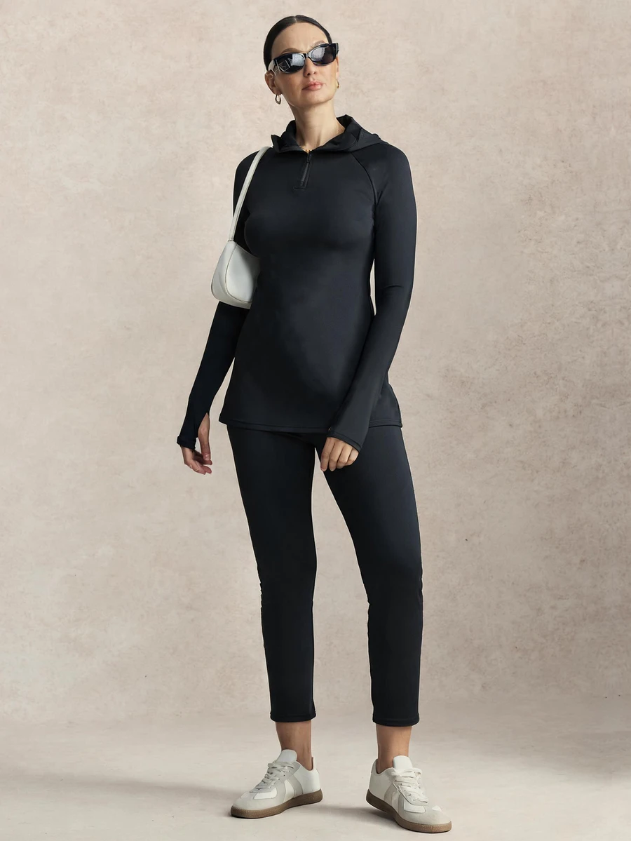 Activina Women's Modest Sporty Stand Collar Hooded Slim Fit Autumn Middle Eastern Style Sports Dress + Fitted Cropped Pants Set Workout Gym Black - Black - View 1