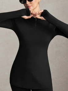 Activina Women's Modest Sporty Stand Collar Hooded Slim Fit Autumn Middle Eastern Style Sports Dress + Fitted Cropped Pants Set Workout Gym Black - Black - View 4