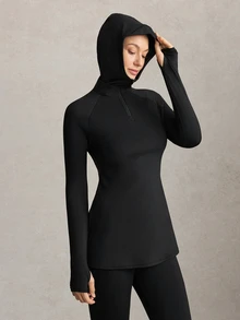 Activina Women's Modest Sporty Stand Collar Hooded Slim Fit Autumn Middle Eastern Style Sports Dress + Fitted Cropped Pants Set Workout Gym Black - Black - View 6