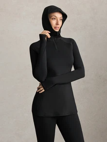 Activina Women's Modest Sporty Stand Collar Hooded Slim Fit Autumn Middle Eastern Style Sports Dress + Fitted Cropped Pants Set Workout Gym Black - Black - View 5