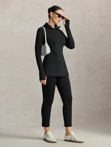 Activina Women's Modest Sporty Stand Collar Hooded Slim Fit Autumn Middle Eastern Style Sports Dress + Fitted Cropped Pants Set Workout Gym Black - Black - View 2
