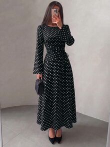 NOVVYNE فستان طويل أنيق بأسلوب فرنسي للربيع/الخريف، بنقاط بولكا، خصر مشدود، كشكشة، رباط سحب، وأكمام واسعة للنساء - متعدد الألوان - مشاهدة 8