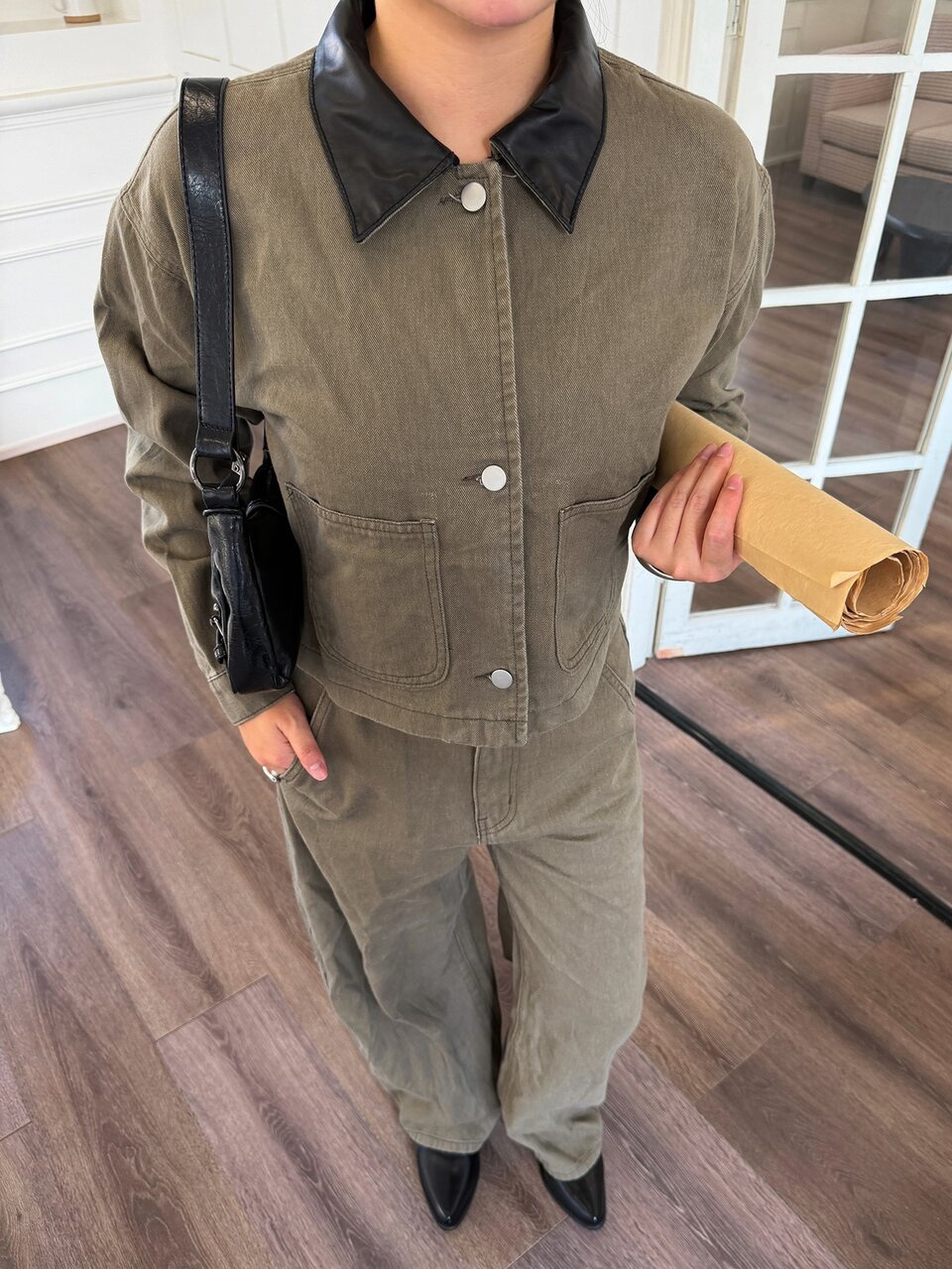 Women's Contrast Color Lapel Single-Breasted Jacket And Long Pants Casual Denim Set Fall