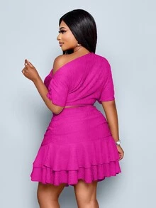 SOLERSUN Magenta,Summer,Girlism,Night Out Club Plus Size Women's Two Pieces Set,Asymmetrical Neck Knitted Gathered Elegant Party Rave Festival Concert Outfits - Hot Pink - View 2