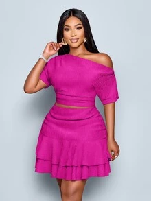 SOLERSUN Magenta,Summer,Girlism,Night Out Club Plus Size Women's Two Pieces Set,Asymmetrical Neck Knitted Gathered Elegant Party Rave Festival Concert Outfits - Hot Pink - View 5