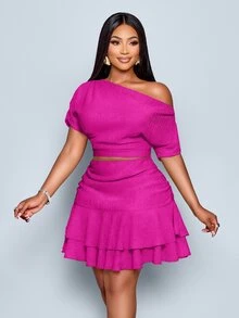 SOLERSUN Magenta,Summer,Girlism,Night Out Club Plus Size Women's Two Pieces Set,Asymmetrical Neck Knitted Gathered Elegant Party Rave Festival Concert Outfits - Hot Pink - View 3