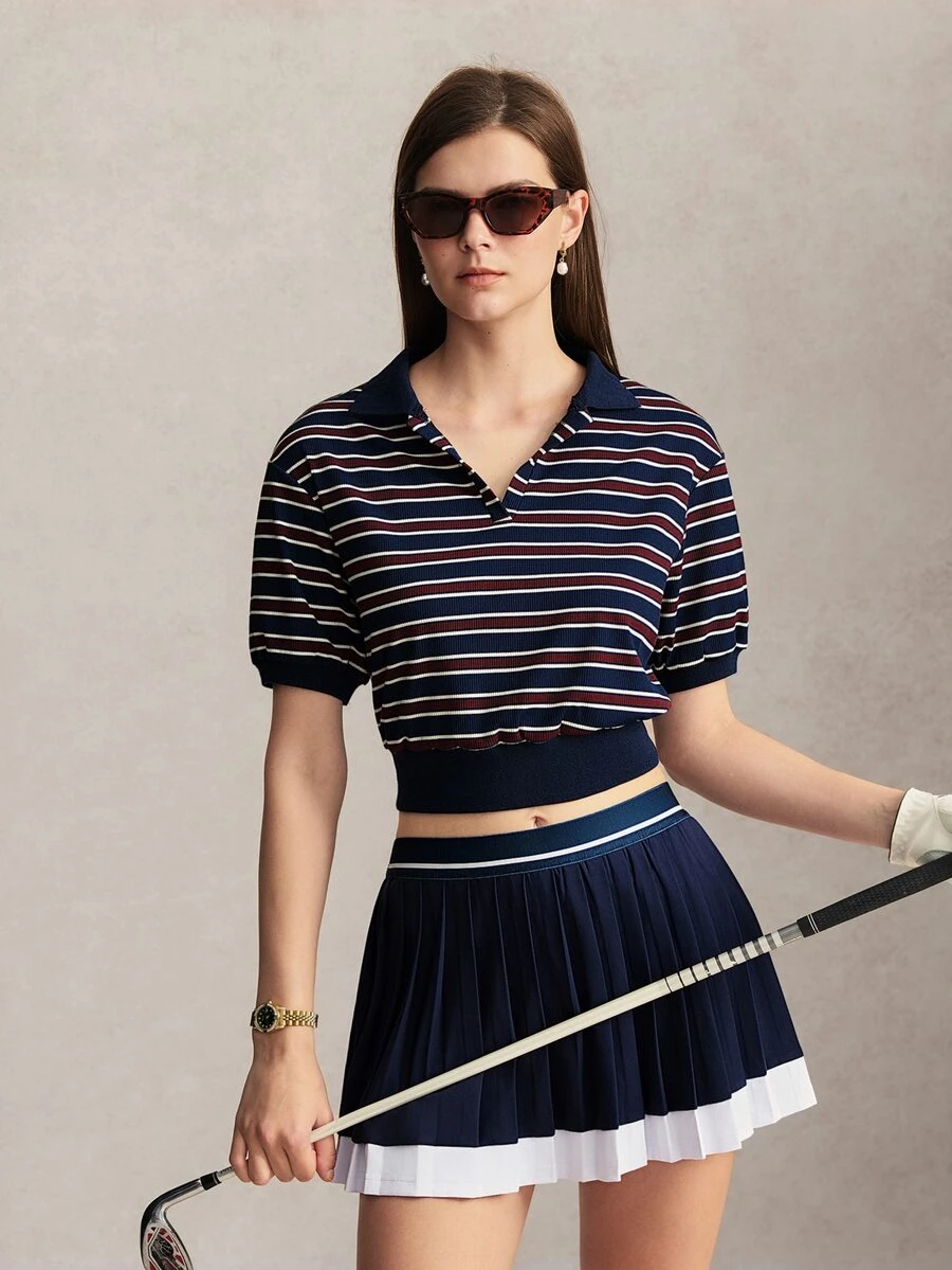 Activina 女款條紋拼色休閒運動 Polo 衫，網球主題，優雅時尚，適合通勤與外出穿著的日常休閒穿搭