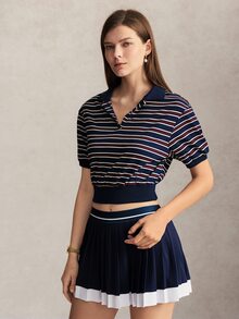 Activina 女款條紋拼色休閒運動 Polo 衫，網球主題，優雅時尚，適合通勤與外出穿著的日常休閒穿搭 - 藍色 - 查看 4