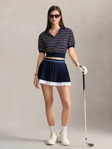 Activina 女款條紋拼色休閒運動 Polo 衫，網球主題，優雅時尚，適合通勤與外出穿著的日常休閒穿搭 - 藍色 - 查看 5
