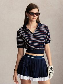 Activina 女款條紋拼色休閒運動 Polo 衫，網球主題，優雅時尚，適合通勤與外出穿著的日常休閒穿搭 - 藍色 - 查看 8