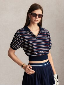 Activina 女款條紋拼色休閒運動 Polo 衫，網球主題，優雅時尚，適合通勤與外出穿著的日常休閒穿搭 - 藍色 - 查看 7