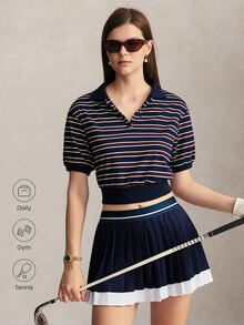 Activina 女款條紋拼色休閒運動 Polo 衫，網球主題，優雅時尚，適合通勤與外出穿著的日常休閒穿搭 - 藍色 - 查看 9