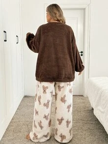 SHEIN CURVE+ Plus Size Casual Loungewear 2 Pieces Set, Fuzzy Cartoon Bear Pocket Thickened Top And Pants - Multicolor - View 2