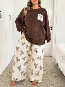 SHEIN CURVE+ Plus Size Casual Loungewear 2 Pieces Set, Fuzzy Cartoon Bear Pocket Thickened Top And Pants - Multicolor - View 8