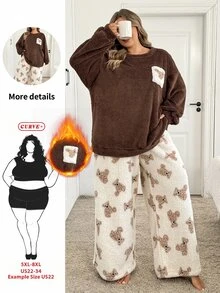 SHEIN CURVE+ Plus Size Casual Loungewear 2 Pieces Set, Fuzzy Cartoon Bear Pocket Thickened Top And Pants - Multicolor - View 1