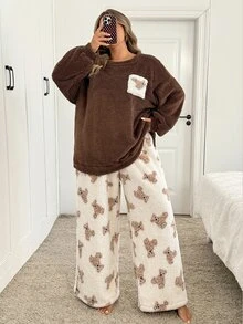 SHEIN CURVE+ Plus Size Casual Loungewear 2 Pieces Set, Fuzzy Cartoon Bear Pocket Thickened Top And Pants - Multicolor - View 7