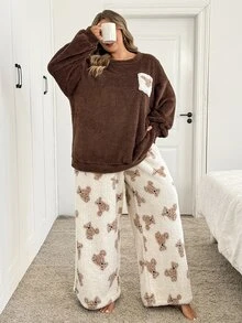 SHEIN CURVE+ Plus Size Casual Loungewear 2 Pieces Set, Fuzzy Cartoon Bear Pocket Thickened Top And Pants - Multicolor - View 4