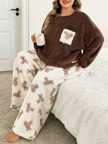 SHEIN CURVE+ Plus Size Casual Loungewear 2 Pieces Set, Fuzzy Cartoon Bear Pocket Thickened Top And Pants - Multicolor - View 5