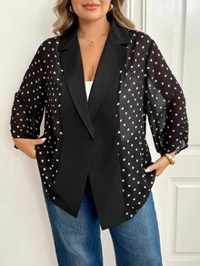 SHEIN CURVE+ جاكيت كاجوال للنساء بمقاسات كبيرة بنقشة نقاط وياقة طية وزر واحد - أبيض وأسود - مشاهدة 3