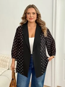 SHEIN CURVE+ جاكيت كاجوال للنساء بمقاسات كبيرة بنقشة نقاط وياقة طية وزر واحد - أبيض وأسود - مشاهدة 6