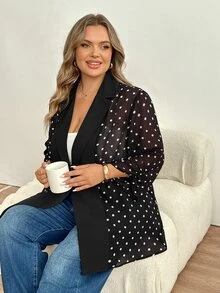 SHEIN CURVE+ جاكيت كاجوال للنساء بمقاسات كبيرة بنقشة نقاط وياقة طية وزر واحد - أبيض وأسود - مشاهدة 4