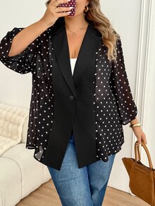 SHEIN CURVE+ جاكيت كاجوال للنساء بمقاسات كبيرة بنقشة نقاط وياقة طية وزر واحد - أبيض وأسود - مشاهدة 1