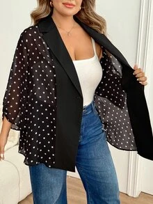 SHEIN CURVE+ جاكيت كاجوال للنساء بمقاسات كبيرة بنقشة نقاط وياقة طية وزر واحد - أبيض وأسود - مشاهدة 8