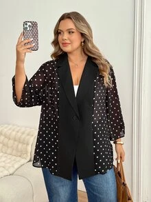 SHEIN CURVE+ جاكيت كاجوال للنساء بمقاسات كبيرة بنقشة نقاط وياقة طية وزر واحد - أبيض وأسود - مشاهدة 9