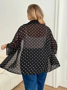 SHEIN CURVE+ جاكيت كاجوال للنساء بمقاسات كبيرة بنقشة نقاط وياقة طية وزر واحد - أبيض وأسود - مشاهدة 2