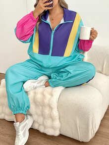 SHEIN CURVE+ Women's 22w Contrast Color Jacket And Jogger Pants 2pcs/Set Fall - Multicolor - View 5