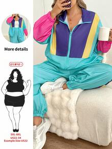 SHEIN CURVE+ Women's 22w Contrast Color Jacket And Jogger Pants 2pcs/Set Fall - Multicolor - View 7