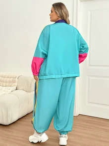 SHEIN CURVE+ Women's 22w Contrast Color Jacket And Jogger Pants 2pcs/Set Fall - Multicolor - View 2