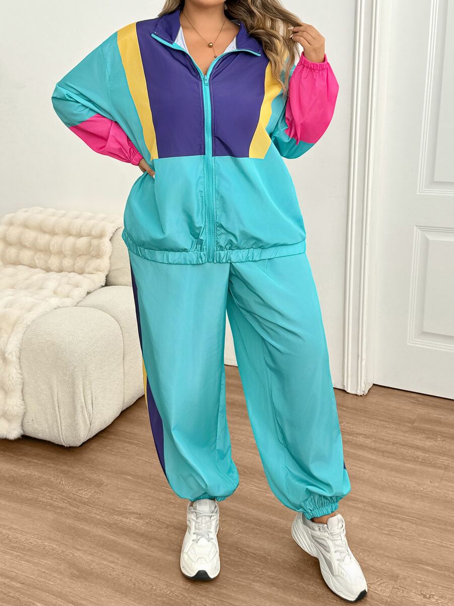 SHEIN CURVE+ Women's 22w Contrast Color Jacket And Jogger Pants 2pcs/Set Fall - Multicolor - View 1