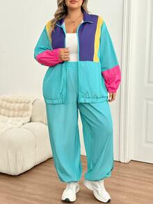 SHEIN CURVE+ Women's 22w Contrast Color Jacket And Jogger Pants 2pcs/Set Fall - Multicolor - View 8