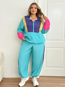 SHEIN CURVE+ Women's 22w Contrast Color Jacket And Jogger Pants 2pcs/Set Fall - Multicolor - View 6