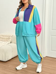 SHEIN CURVE+ Women's 22w Contrast Color Jacket And Jogger Pants 2pcs/Set Fall - Multicolor - View 9