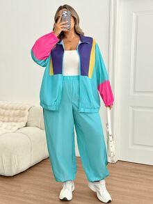 SHEIN CURVE+ Women's 22w Contrast Color Jacket And Jogger Pants 2pcs/Set Fall - Multicolor - View 4