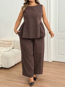 SHEIN CURVE+ Plus Size US 22 Brown Striped 2 Pieces Suit Set, Peplum Top + Suit Pants - Brown - View 4