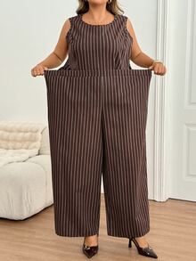 SHEIN CURVE+ Plus Size US 22 Brown Striped 2 Pieces Suit Set, Peplum Top + Suit Pants - Brown - View 7