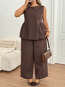 SHEIN CURVE+ Plus Size US 22 Brown Striped 2 Pieces Suit Set, Peplum Top + Suit Pants - Brown - View 3