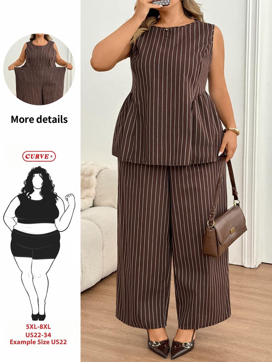 SHEIN CURVE+ Plus Size US 22 Brown Striped 2 Pieces Suit Set, Peplum Top + Suit Pants - Brown - View 1