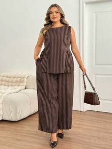 SHEIN CURVE+ Plus Size US 22 Brown Striped 2 Pieces Suit Set, Peplum Top + Suit Pants - Brown - View 6