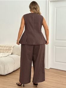 SHEIN CURVE+ Plus Size US 22 Brown Striped 2 Pieces Suit Set, Peplum Top + Suit Pants - Brown - View 2