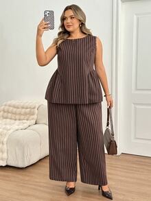 SHEIN CURVE+ Plus Size US 22 Brown Striped 2 Pieces Suit Set, Peplum Top + Suit Pants - Brown - View 5